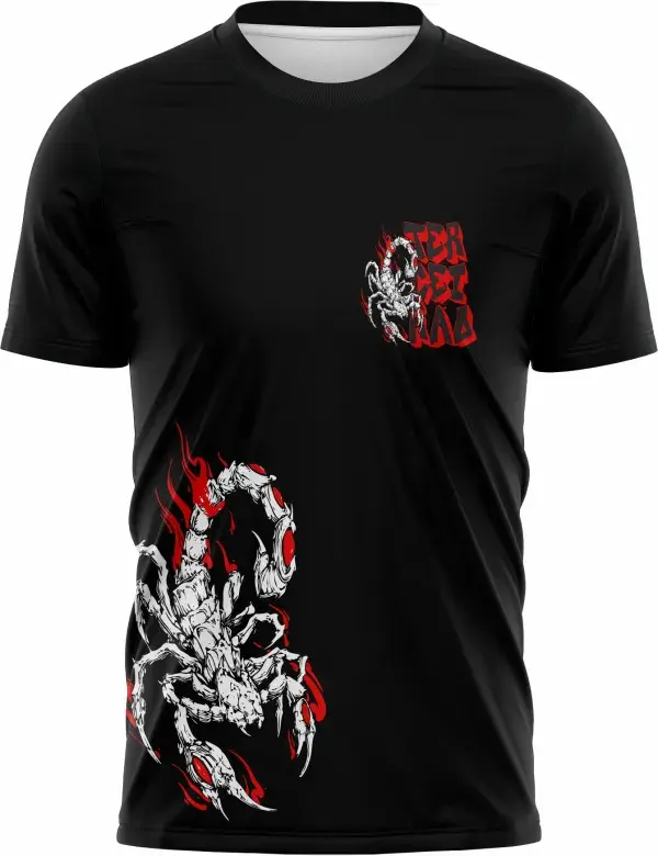 Camiseta unissex preta com logo no peito e estampa grande nas costas, temática Terceirão Escorpião, perfeita para estudantes que querem marcar a formatura com estilo.