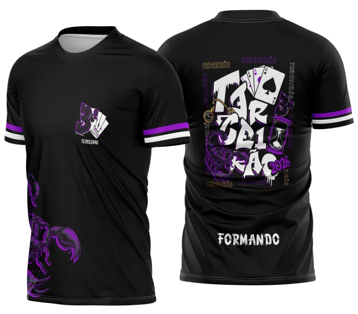 Camiseta unissex preta com logo no peito e estampa grande nas costas do Terceirão Escorpião Modelo 3, ideal para estudantes celebrando o último ano escolar.