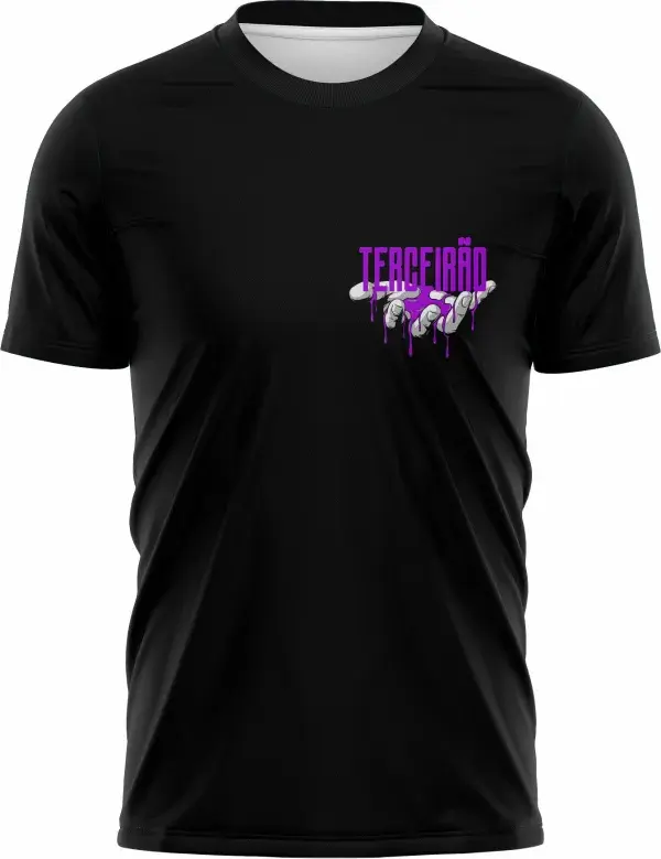 Camiseta unissex preta com logo no peito e estampa grande nas costas com tema Terceirão Estátua Líquido, perfeita para grupos escolares personalizados.