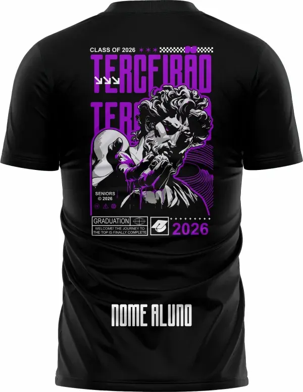 Camiseta unissex preta com logo no peito e estampa grande nas costas com tema Terceirão Estátua Líquido, perfeita para grupos escolares personalizados.