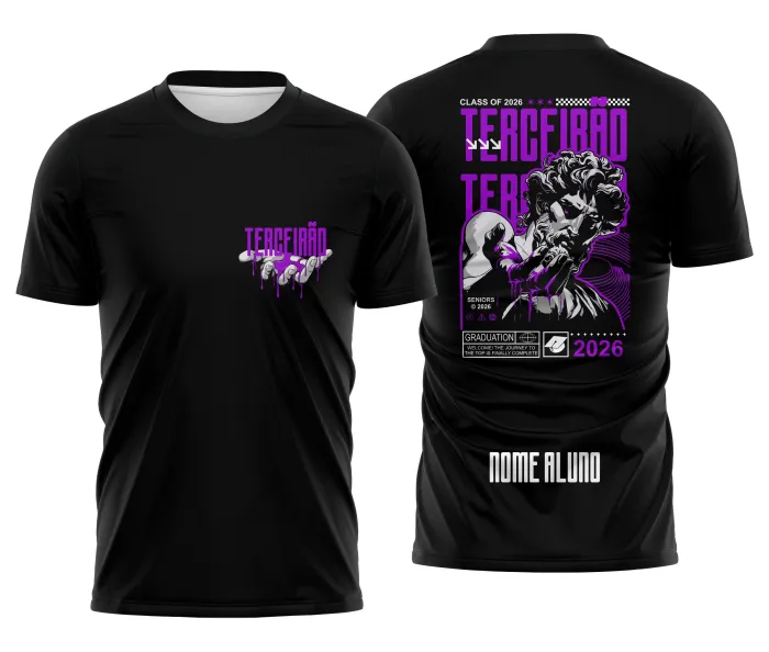 Camiseta unissex preta com logo no peito e estampa grande nas costas com tema Terceirão Estátua Líquido, perfeita para grupos escolares personalizados.