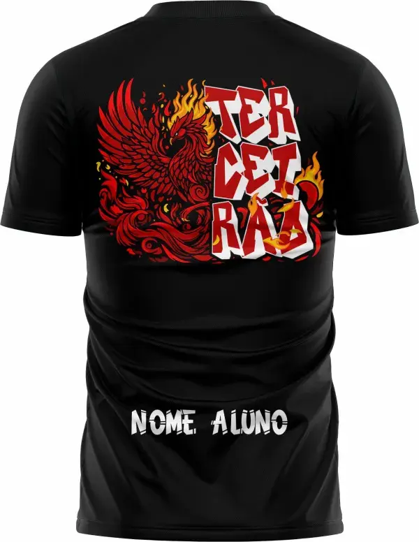 Camiseta unissex preta com logo no peito e estampa grande nas costas mostrando uma Fênix Vermelha em destaque, design vibrante e impactante para grupos de terceiro ano.