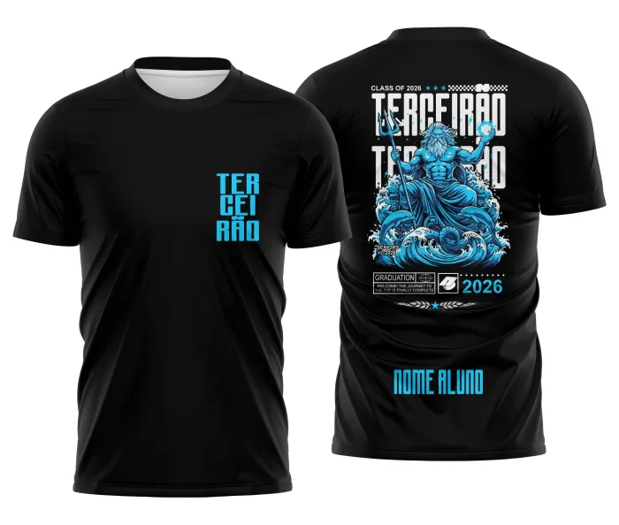 Camiseta unissex preta com logo no peito e estampa grande nas costas do Terceirão Poseidon, perfeita para celebrar momentos especiais com estilo e personalidade.
