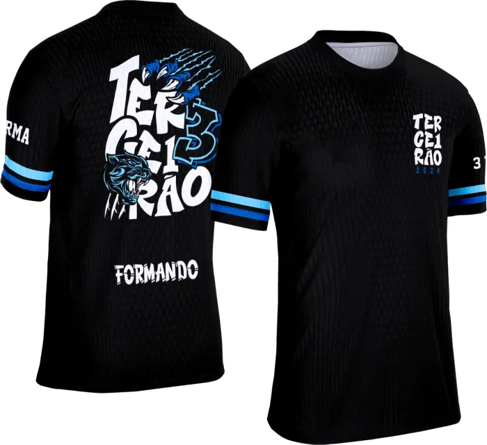 Camiseta unissex preta com logo no peito e estampa grande nas costas com tema Terceirão Puma Azul, ideal para finais de curso e eventos comemorativos.