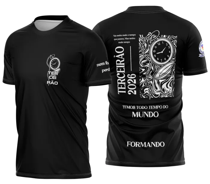 Camiseta unissex preta com logo no peito e estampa grande nas costas do tema Terceirão Relógio Líquido Tempo Perdido 2, perfeita para ocasiões especiais e estilo único.