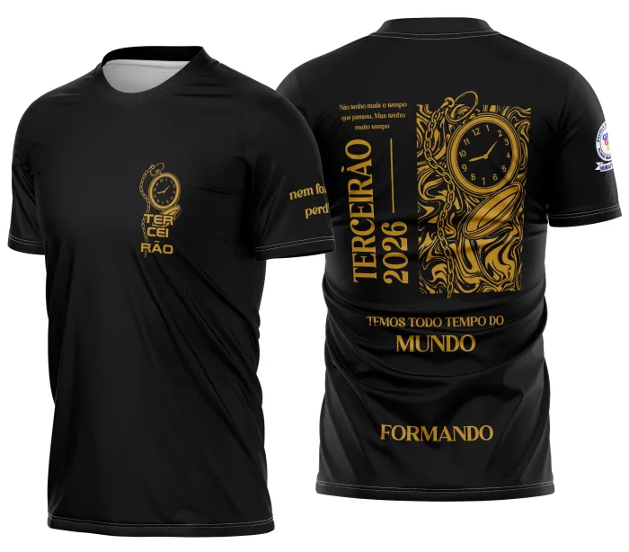 Camiseta unissex preta com logo no peito e estampa grande nas costas com tema Terceirão Relógio Líquido Tempo Perdido, ideal para jovens e formandos.