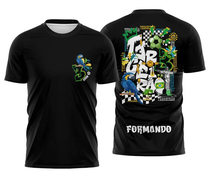 Foto da camiseta unissex preta com logo no peito e estampa grande nas costas com tema Terceirão Ritmo de Copa Brasil, ideal para torcida e celebração escolar.