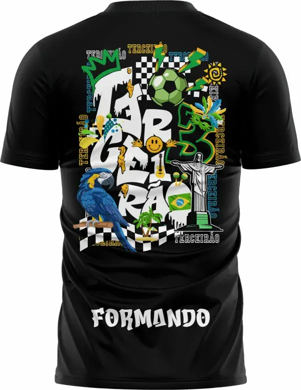 Camiseta unissex preta com logo no peito e estampa grande nas costas com o tema Terceirão Ritmo de Copa Brasil, ideal para estudantes e fãs de futebol.