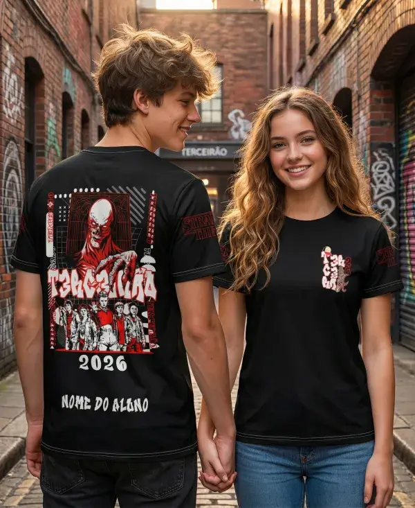 Camisa com logo no peito e estampa grande nas costas inspirada em Vecna de Stranger Things, com design impactante e estilo para o Terceirão.