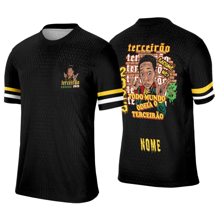 Camiseta unissex preta com logo no peito e estampa grande nas costas inspirada em Terceirão Todo Mundo Odeia o Cris, ideal para fãs e estudantes que querem estilo e personalidade.