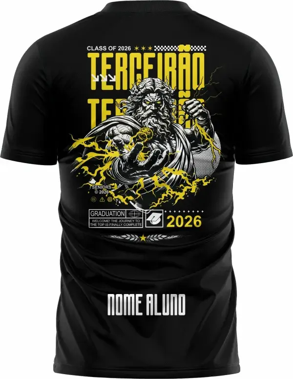 Camiseta unissex preta com logo no peito e estampa grande nas costas inspirada em Zeus com raios, estilo poderoso e marcante para terceira idade escolar.
