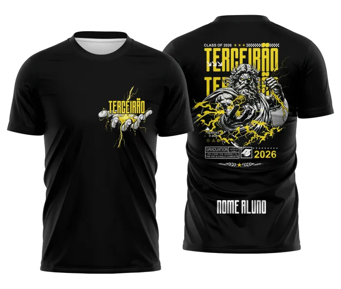 Camiseta unissex preta com logo no peito e estampa grande nas costas inspirada em Zeus com raios, estilo poderoso e marcante para terceira idade escolar.