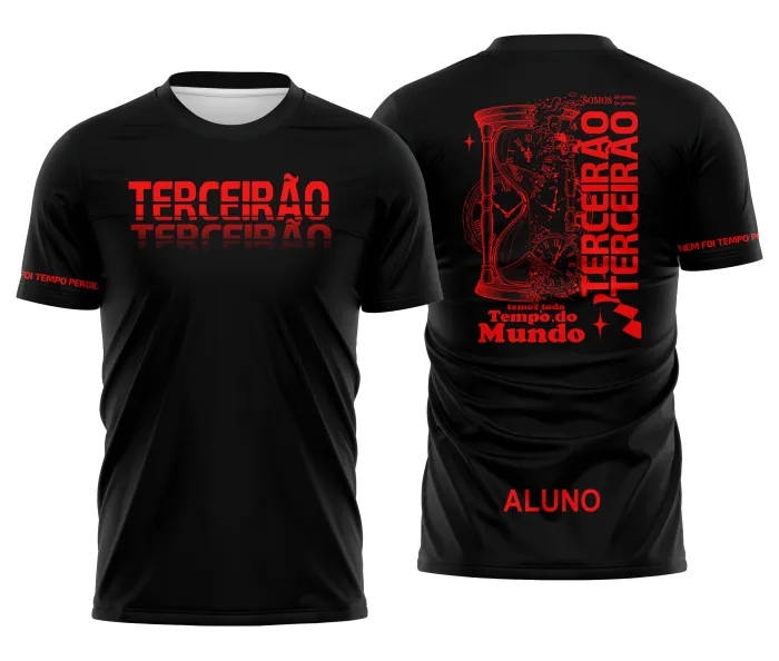 Camiseta unissex preta com logo no peito e estampa grande nas costas com tema TerceirãoTempo Perdido, perfeita para quem busca estilo e identidade nas roupas.