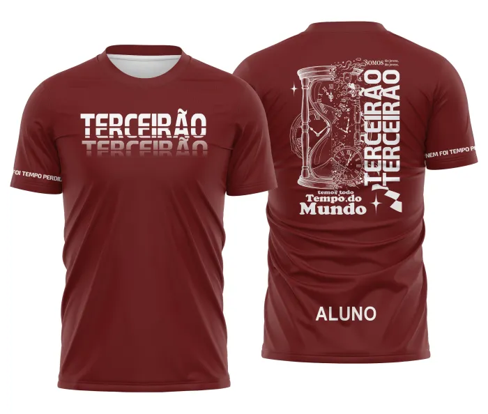 Camiseta unissex preta com logo no peito e estampa grande nas costas com tema Terceirão Tempo Perdido Vinho, perfeita para jovens celebrando o último ano escolar.