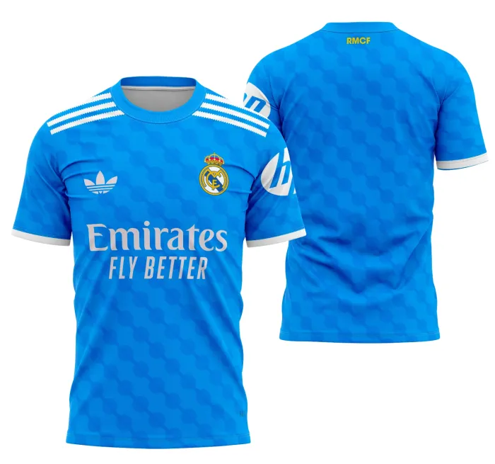 Camiseta unissex com base preta, com logo no peito e estampa grande nas costas do terceiro uniforme do Real Madrid 2025-2026, estilo moderno e esportivo perfeito para fãs.