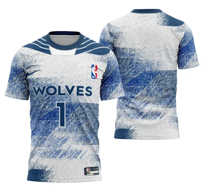 Camiseta unissex preta com logo Timberwolves no peito e estampa grande nas costas, destacando o conceito do time em design moderno e impactante.