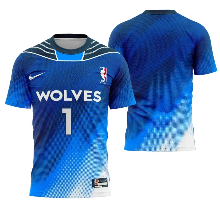 Camiseta unissex preta com logo no peito e estampa grande nas costas inspirada no Timberwolves Conceito, destacando um visual moderno e esportivo.