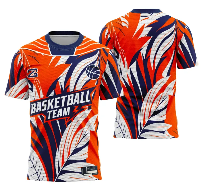 Camiseta unissex preta com logo no peito e estampa grande nas costas retratando tema de time de basketball, visual esportivo e moderno.