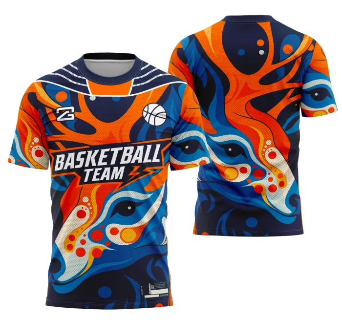 Camiseta preta unissex com logo no peito e estampa grande nas costas mostrando um design inspirado no time de basketball 6, perfeita para fãs do esporte.