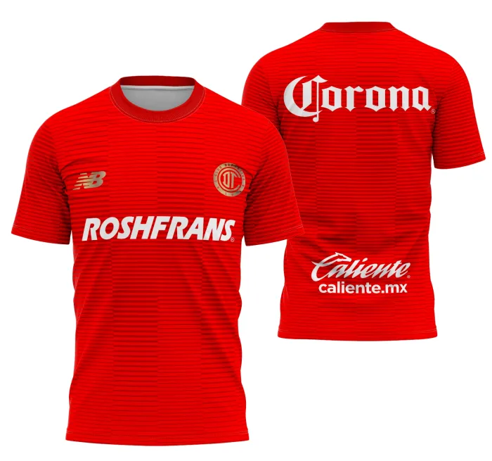 Camiseta unissex preta Toluca Kit Home 2025-26 com logo no peito e estampa grande nas costas, perfeita para fãs e uso casual.