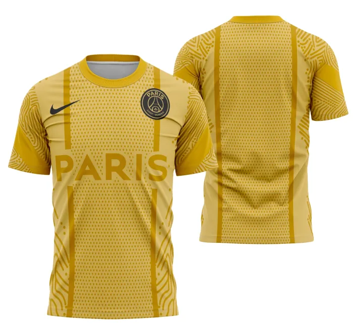 Camiseta unissex preta com logo no peito e estampa grande nas costas, inspirada na camisa treinamento de ouro do PSG 2020-2021, perfeita para fãs do clube.