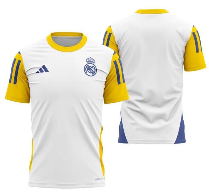 Camisa unissex preta com logo no peito e estampa grande nas costas inspirada na camisa de treinamento do Real Madrid 2024-2025, ideal para fãs e treinos.