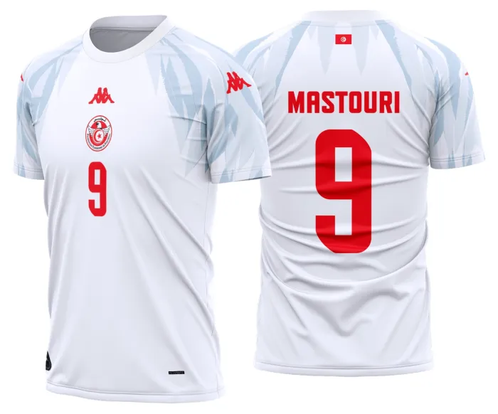 Camiseta unissex branca com logo no peito e estampa grande nas costas da Tunisia Titular 2026-2028, design esportivo e moderno, perfeita para fãs e colecionadores.