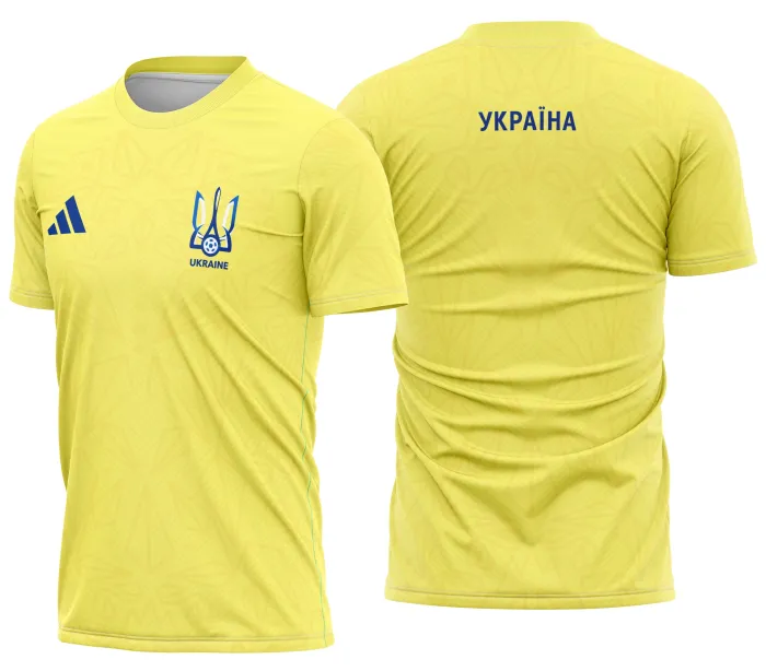 Camiseta unissex branca com logo no peito e estampa grande nas costas, tema Camisa Ucrânia Kit Home 2026, perfeita para fãs e designers criarem peças únicas.