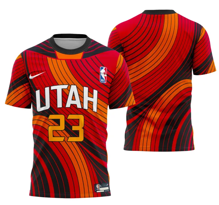 Camiseta unissex preta com logo no peito e estampa grande nas costas inspirada no conceito Utah Jazz, ideal para fãs buscando estilo moderno e esportivo.