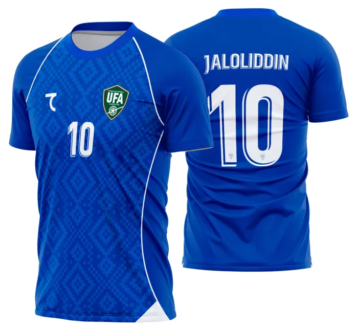 Camiseta unissex preta com logo no peito e estampa grande nas costas do time Uzbequistão Titular 2026-2028, modelo moderno e elegante para torcedores