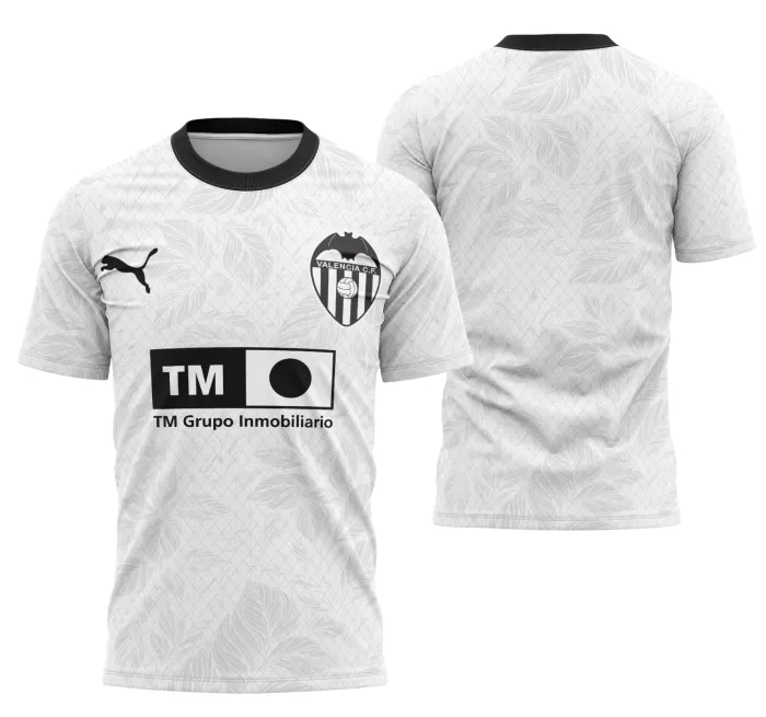 Camiseta unissex branca com logo no peito e estampa grande nas costas inspirada em Valência Conceito, perfeita para visual moderno e impactante.