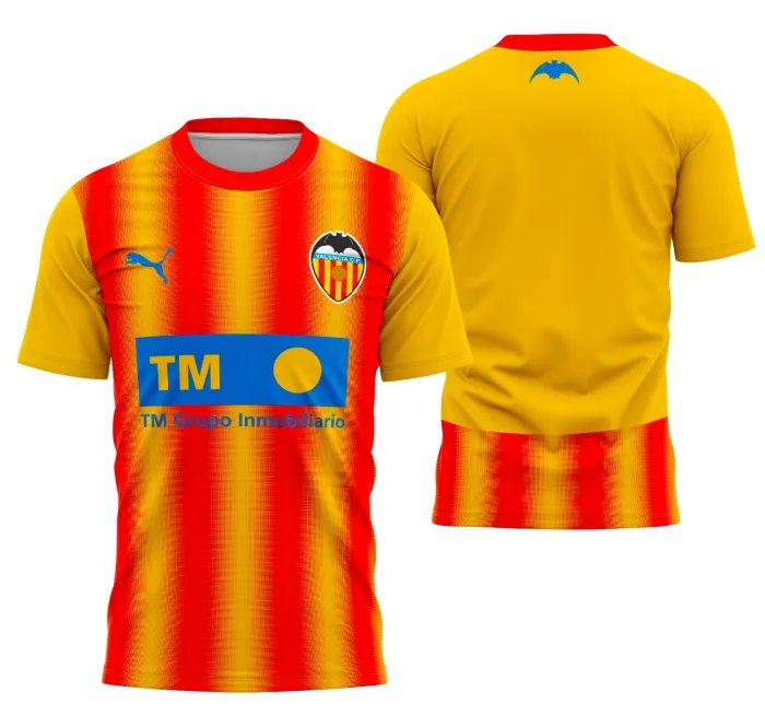 Camisa camiseta unissex preto com logo no peito e estampa grande nas costas do Valencia Terceiro Kit 2025-26, ideal para fãs do futebol e colecionadores.