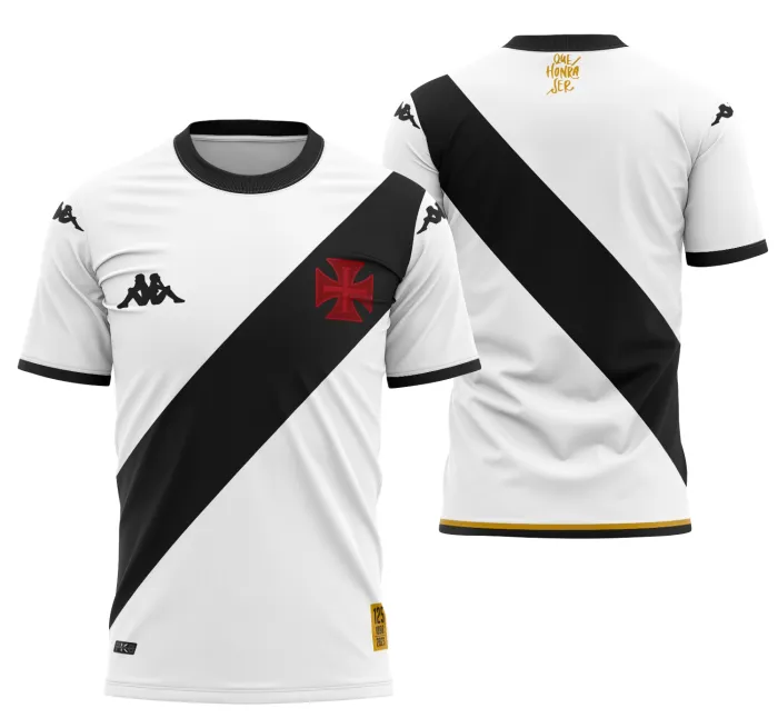 Camiseta preta unissex com logo do Vasco no peito e estampa grande nas costas, com design moderno inspirado na camisa Vasco Da Gama Visita 2023-2024.