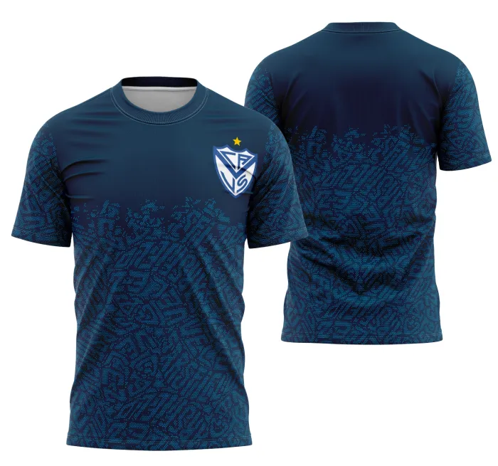Camiseta unissex preta com logo no peito e estampa grande nas costas do Velez Sarsfield Pré-jogo 2024, design moderno e estilo esportivo para fãs do time argentino.