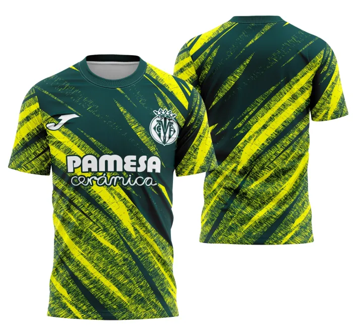 Camiseta unissex preta com logo no peito e estampa grande nas costas mostrando o conceito Villa Real Terceiro 2025 em um estilo moderno e vibrante.