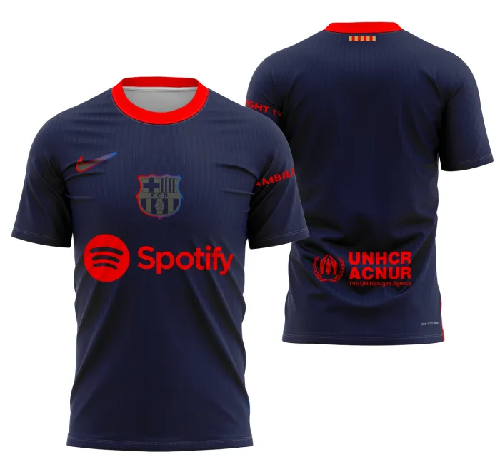 Camiseta unissex preta com logo no peito e estampa grande nas costas inspirada na visita a Barcelona 2024-2025, destacando elementos da cidade em design moderno e vibrante