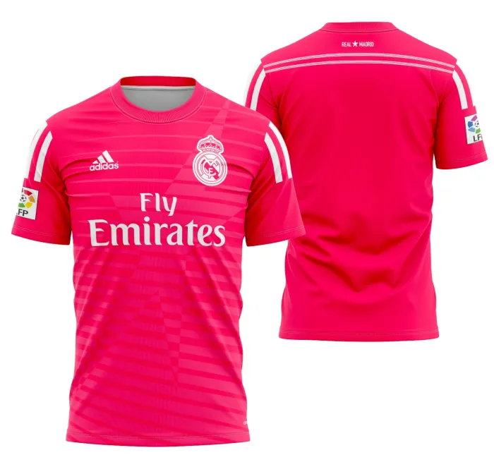 Camiseta unissex branca com logo no peito e estampa grande nas costas da Visita ao Real Madrid 2014-2015, com design moderno e cor vibrante para fãs do futebol.