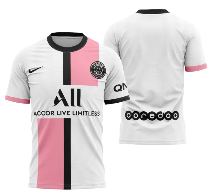 Camiseta unissex preta com logo do PSG no peito e estampa grande nas costas da camisa visita do PSG 2021-2022, ideal para torcedores que buscam estilo e autenticidade.