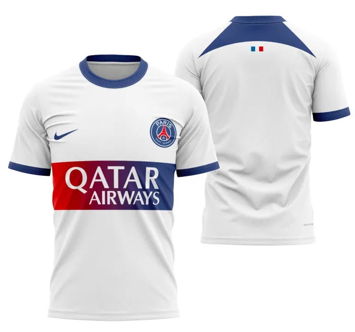 Foto de camiseta preta unissex com logo no peito e estampa grande nas costas inspirado na camisa visita do PSG 2023-2024, mostrando design moderno e estilo esportivo.