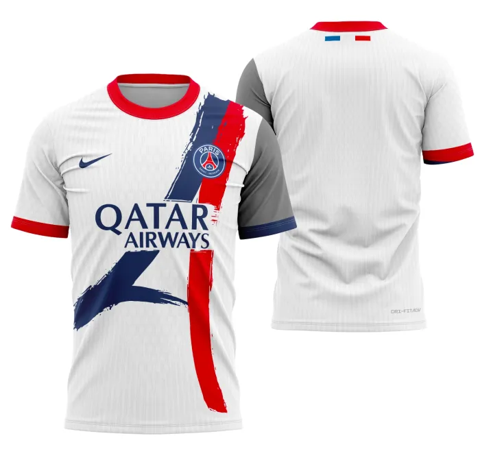 Camiseta unissex preta com logo no peito e estampa grande nas costas com tema do PSG temporada 2024-2025, design moderno e elegante para fãs do time