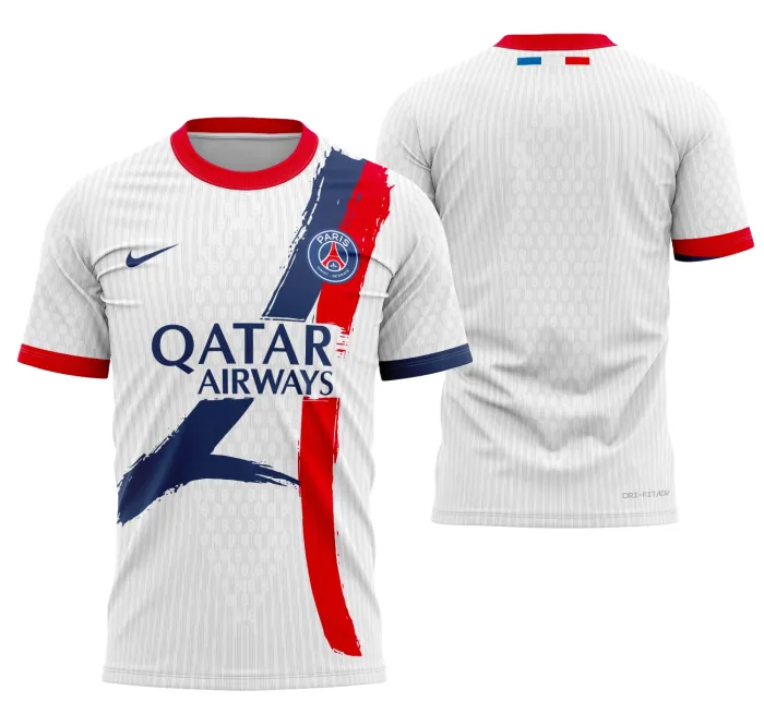 Camiseta unissex preta com logo no peito e estampa grande nas costas inspirada na Visita Do PSG 2025-2026, design moderno e estiloso para fãs de futebol.