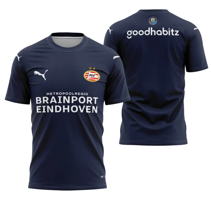 Camiseta unissex branca com logo no peito e estampa grande nas costas inspirada na Camisa Visita Do PSV Eindhoven 2025-2026, perfeita para fãs que buscam estilo e conforto.