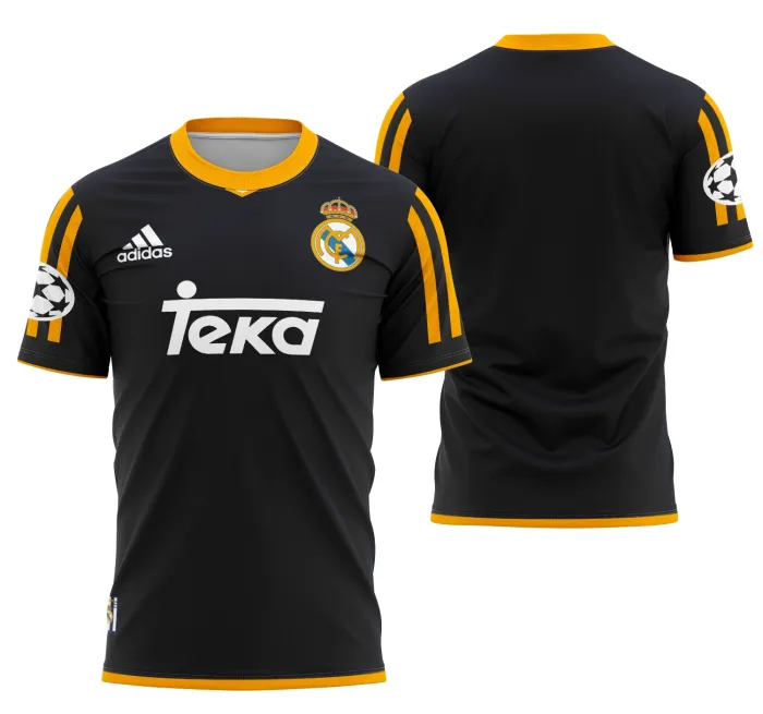 Camiseta unissex branca com logo no peito e estampa grande nas costas da camisa visita do Real Madrid 1998-2000, perfeita para fãs do futebol retrô.