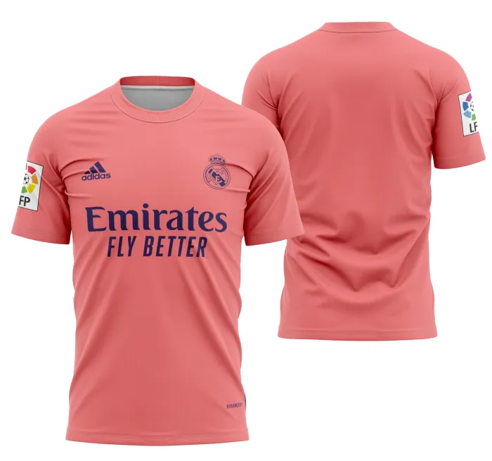 Camiseta unissex branca com logo no peito e estampa grande nas costas inspirada na camisa visita do Real Madrid 2020-2021, ideal para fãs do clube espanhol e estilo esportivo