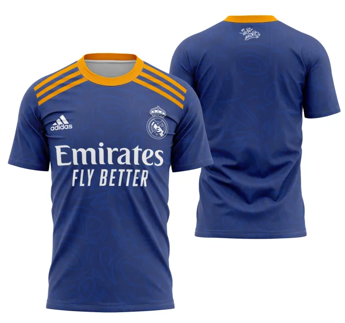 Foto de camiseta unissex preta com logo no peito e estampa grande nas costas da camisa visita do Real Madrid 2021-2022, perfeita para fãs do time e estilo casual