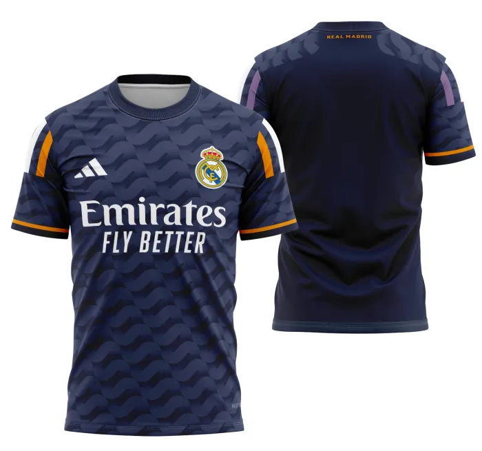 Foto de camisa unissex preta com logo no peito e estampa grande nas costas da Visita do Real Madrid 2023-2024, ideal para torcedores que buscam estilo e autenticidade.