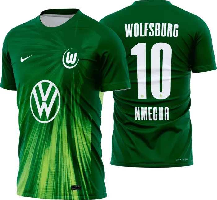 Camiseta unissex preta com logo no peito e estampa grande nas costas da camisa Wolfsburg titular 2025-26, estilo moderno e marcante para torcedores apaixonados