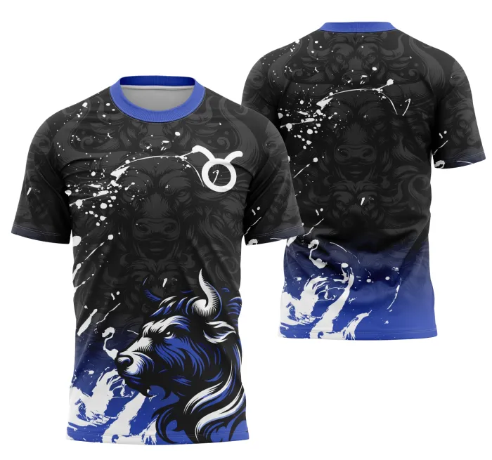 Foto da camiseta unissex branca com logo no peito e estampa grande nas costas, tema Zodíaco Touro, visual moderno e atraente para uso casual.