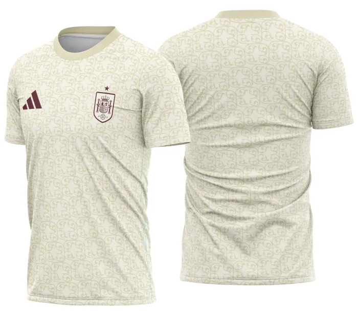 Camiseta unissex branca, com logo no peito e estampa grande nas costas com tema Espanha Uniforme Reserva 2026, perfeita para torcer com estilo e conforto.