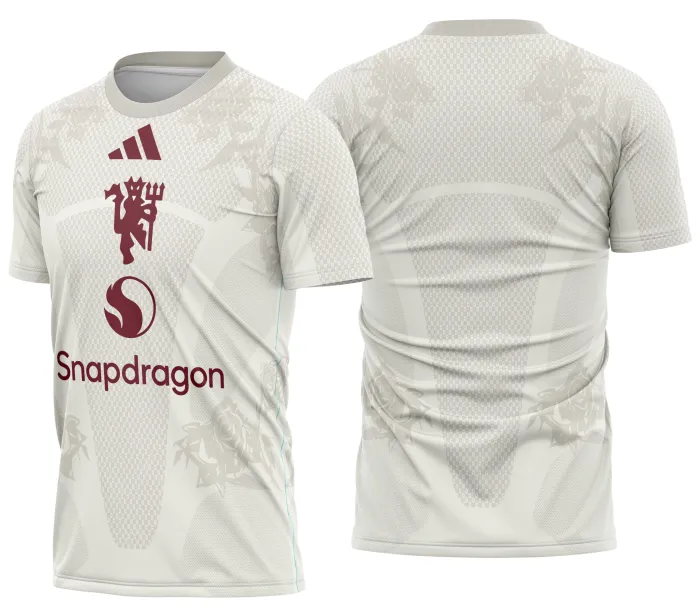 Camisa unissex preta com logo no peito e estampa grande nas costas mostrando o Manchester United Terceiro Kit Vazamento 2026-27, ideal para fãs, estilo moderno e esportivo.